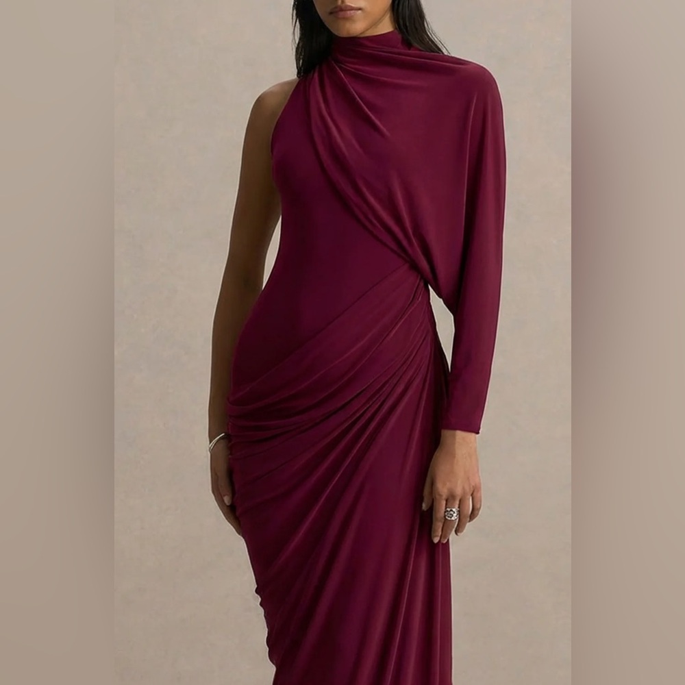 Elegant One-Shoulder Burgundy Evening Dress - Picture 4 of 7